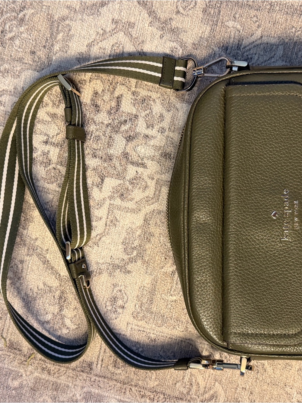 kate spade Olive Green Pebbled Leather Messenger with Striped Strap